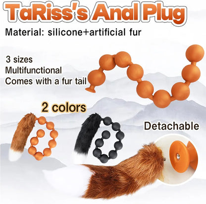 Black Silicone Anal Bead Chain with Detachable Fox Tail Plug for Prostate and G-Spot Stimulation