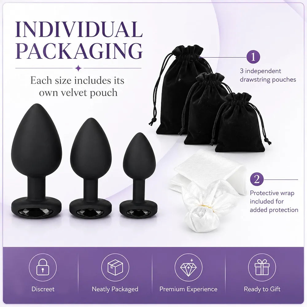 Premium 3-Piece Black Silicone Anal Training Plug Set with Decorative Gemstones
