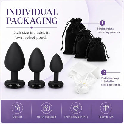 Premium 3-Piece Black Silicone Anal Training Plug Set with Decorative Gemstones