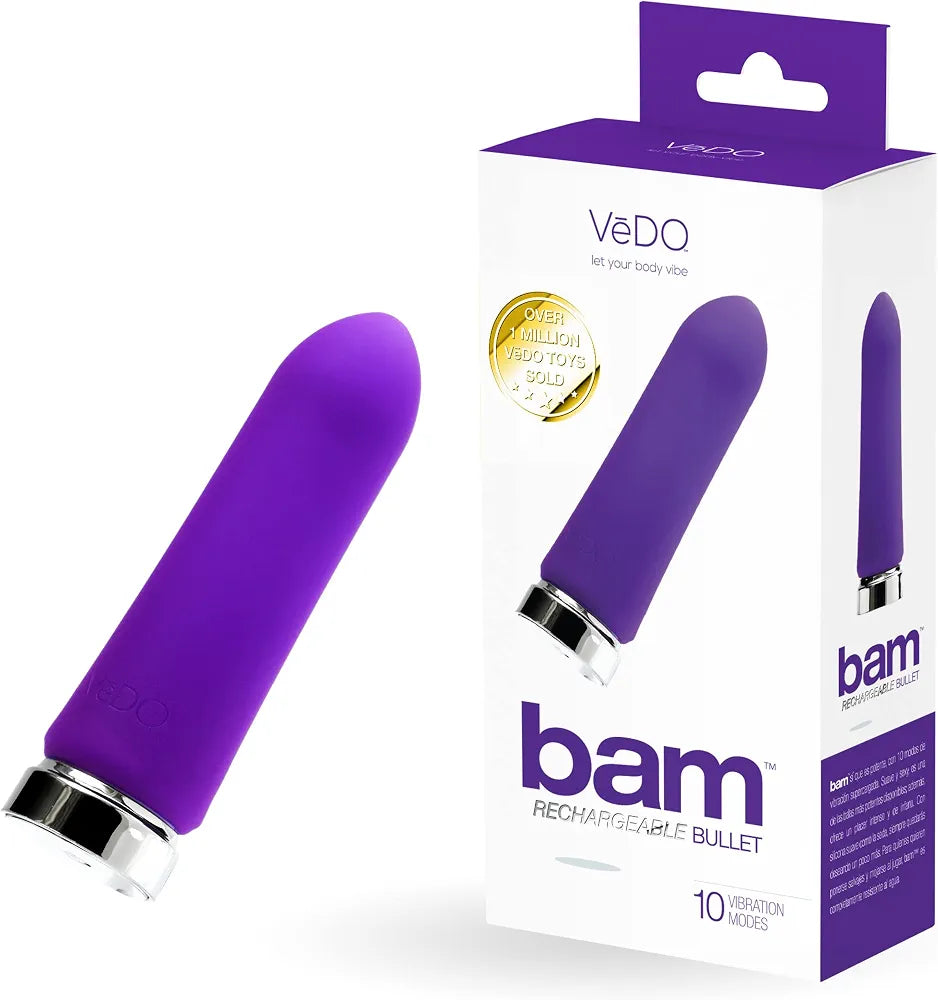 VeDO BAM Rechargeable Bullet Vibrator - Waterproof 10-Mode Personal Massager, Purple