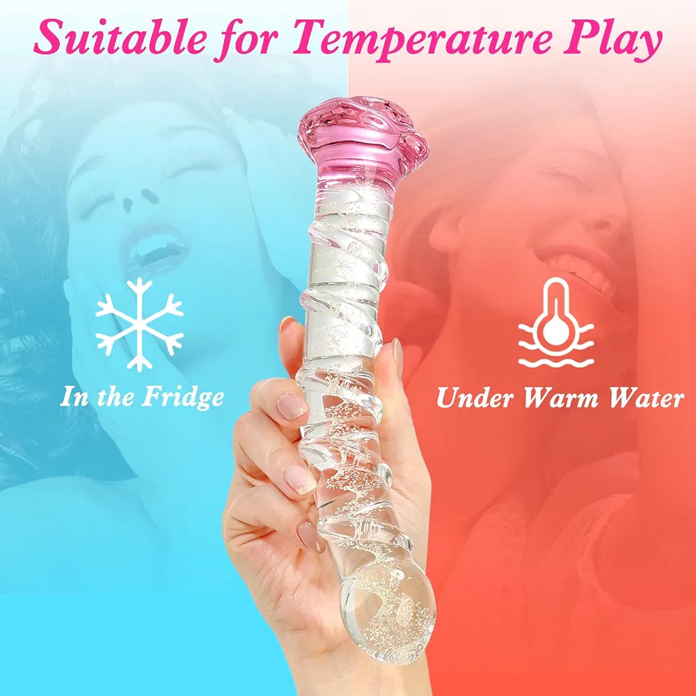 8-Inch Curved Ribbed Borosilicate Glass Dildo with Glow-in-the-Dark Wand for Women and Couples