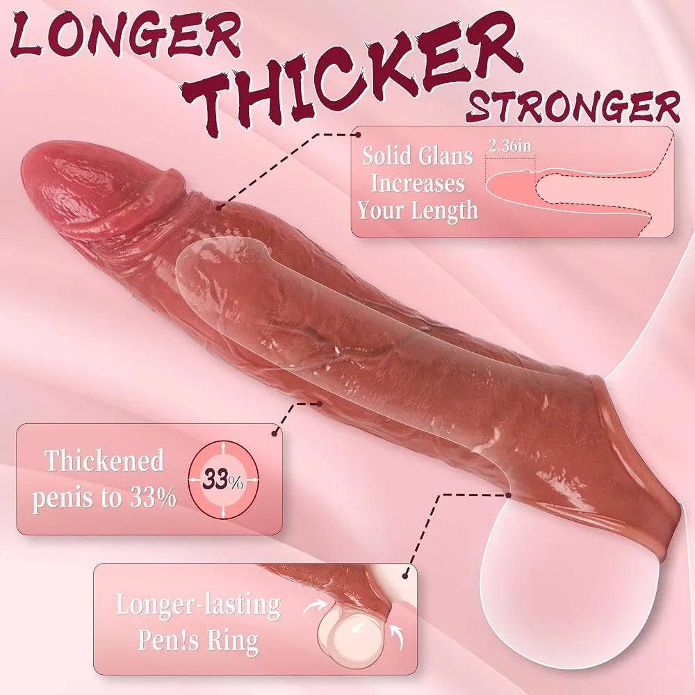 Realistic Penis Sleeve Sex Toys for Men, Reusable 8.6'' Silicone Cock Sleeve Enlarger with Thickened Testicle Penis Ring, Delay Ejaculation Enhance Erection Penis Extender Male Couples Adult Toys