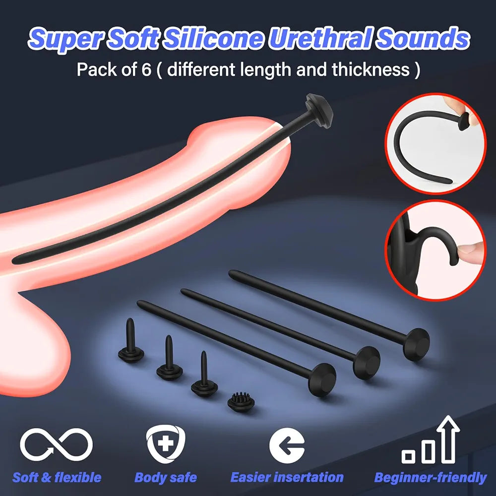 10-Mode Vibrating Penis Stimulator and 6-Piece Urethral Sound Set for Men