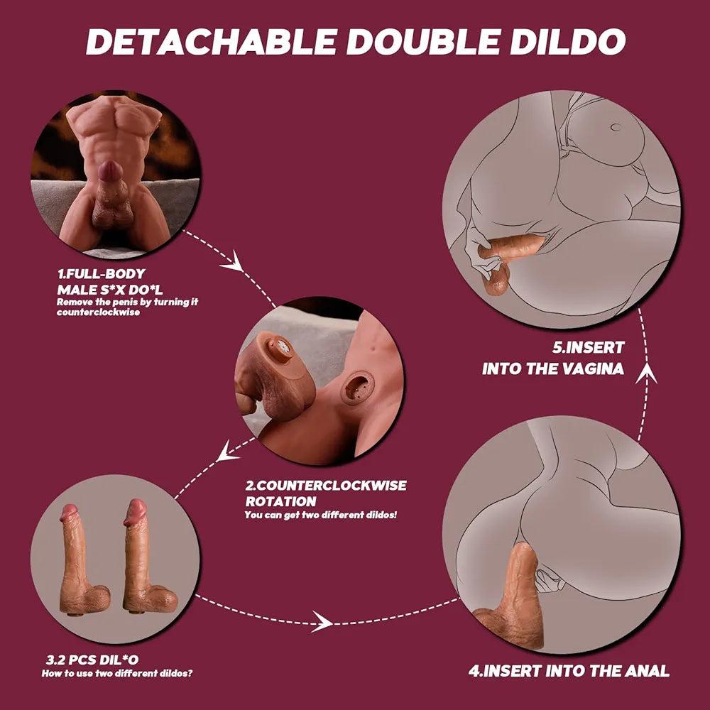 11LB Male Sex Doll with Video Recognition, Multifunctional Vibrating Thrusting Dildo, Detachable Huge Long Penis & Tight Anal Channel Torso Adult Sex Toy for Women and Gay Couples