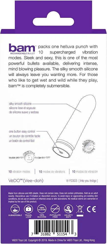 VeDO BAM Rechargeable Bullet Vibrator - Waterproof 10-Mode Personal Massager, Purple