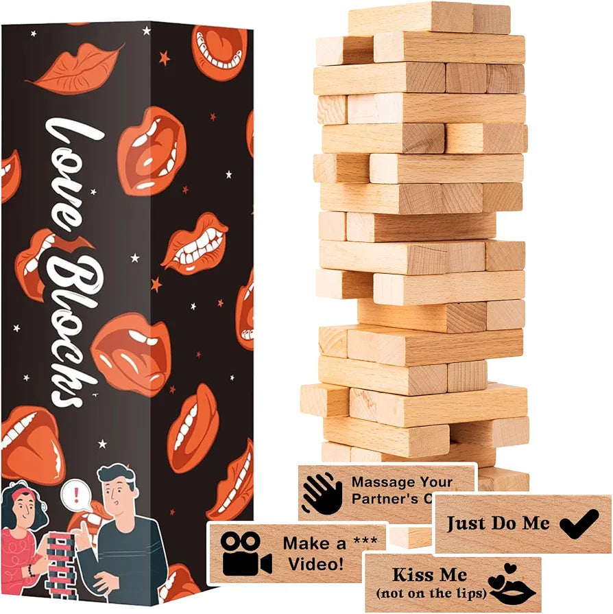 Adult Romantic Stacking Block Game: 54-Piece Flirty Date Night Tumbling Tower