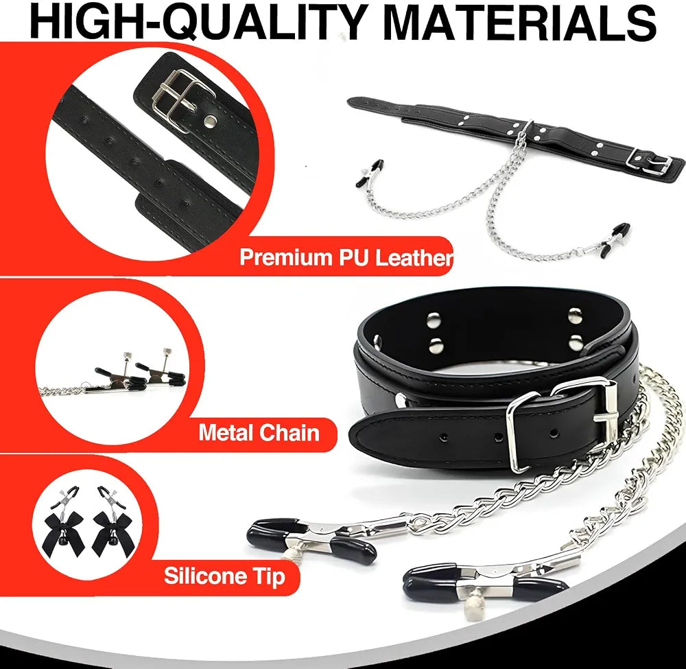 Adjustable Metal Nipple Clamps and Collar Set with Decorative Bells for Sensual Play