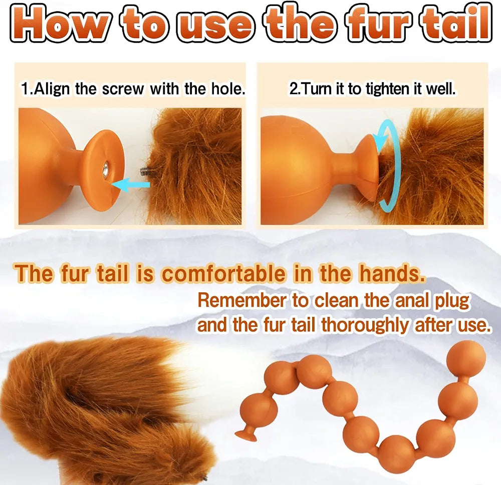 Black Silicone Anal Bead Chain with Detachable Fox Tail Plug for Prostate and G-Spot Stimulation