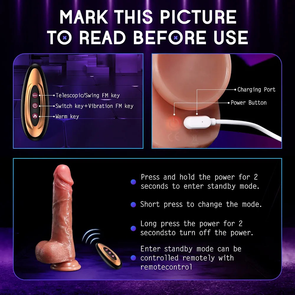 Realistic Silicone Thrusting & Vibrating Dildo with Heating, Remote Control, and 10 Stimulation Modes for Women and Couples