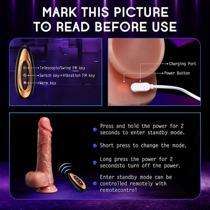 Realistic Silicone Thrusting & Vibrating Dildo with Heating, Remote Control, and 10 Stimulation Modes for Women and Couples