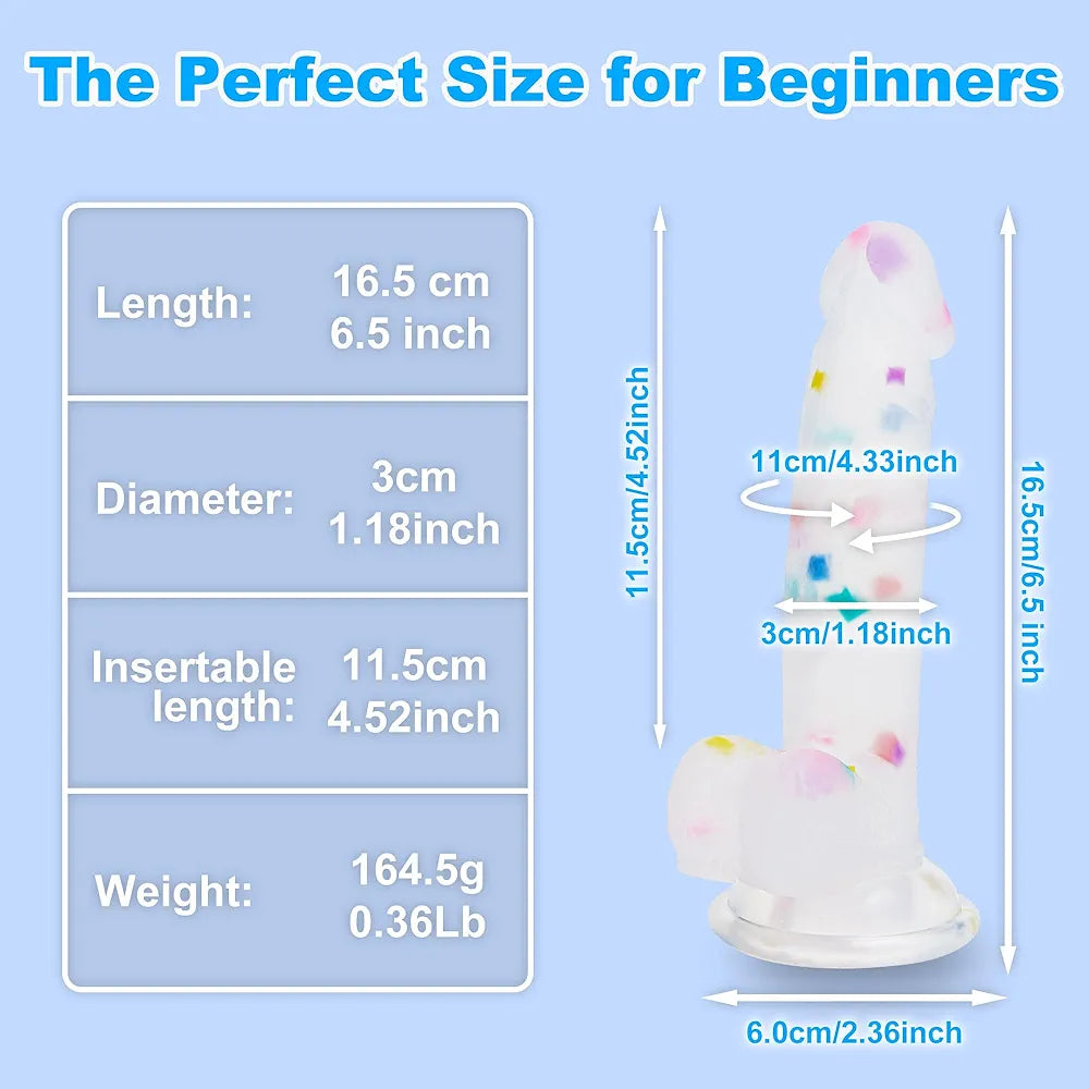 6.5 Inch Flexible Confetti Clear Silicone Dildo with Suction Cup Base for G-Spot and Prostate Stimulation