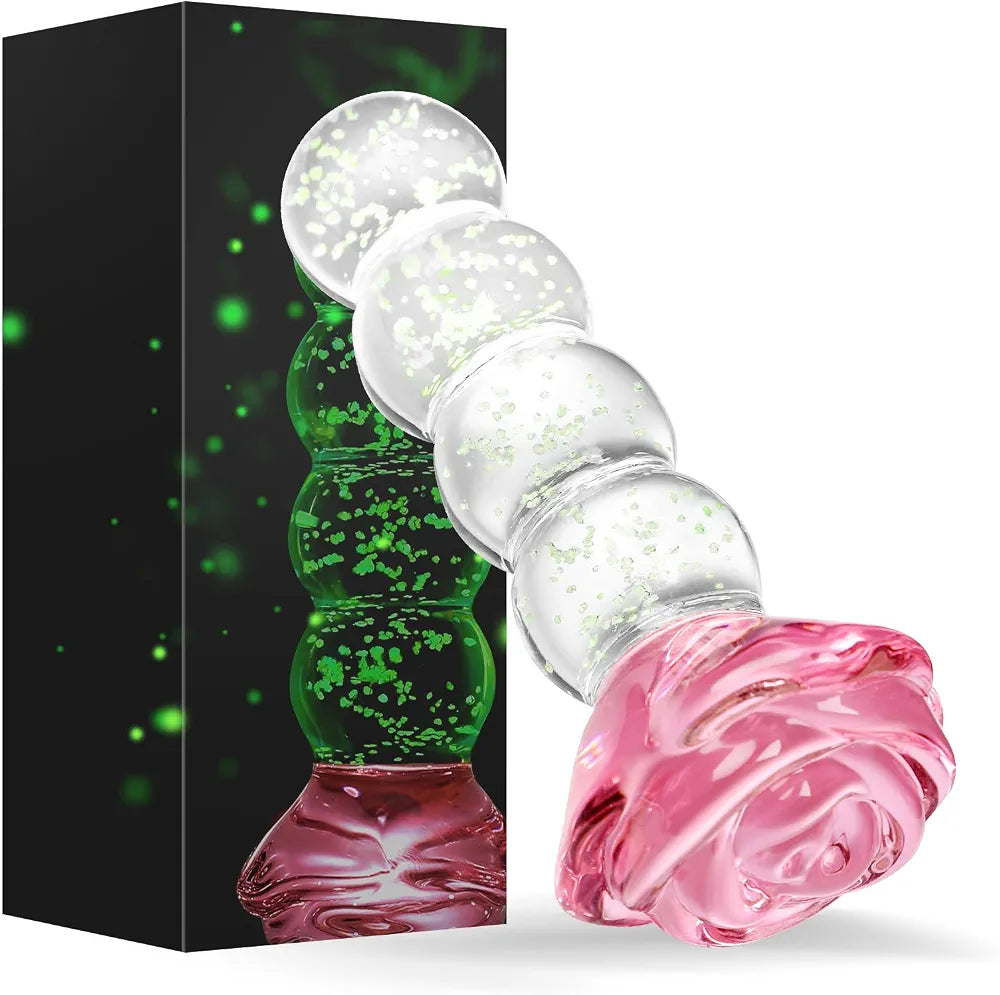 Luminous 4.8-Inch Borosilicate Glass Anal Bead Plug with Rose Detail for Prostate and G-Spot Stimulation