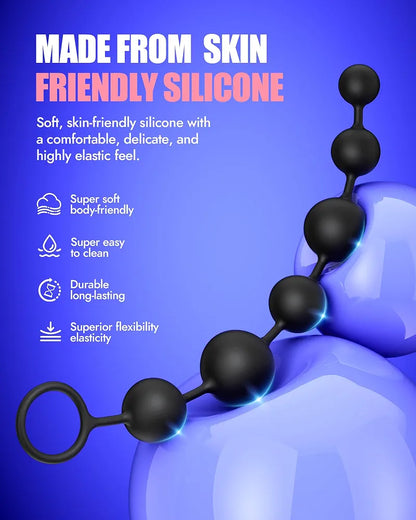 Silicone Anal Bead Plug with 6 Graduated Spheres for Prostate Stimulation and BDSM Play