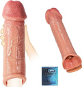 Penis Sleeve with 2.3'' Diameter Huge Realistic Glans, Reusable 8.5'' Silicone Cock Sleeve Sex Toys for Men, Delay Ejaculation Penis Extender with Thickened Testicle Ring, Couples Male Sex Toys