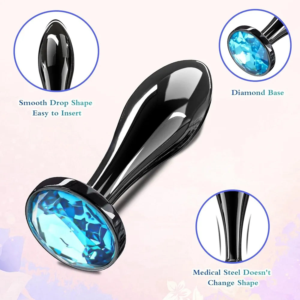 3-Piece Crystal Diamond Metal Anal Butt Plug Set for Beginners - Safe Anal Training Toy for Men and Women