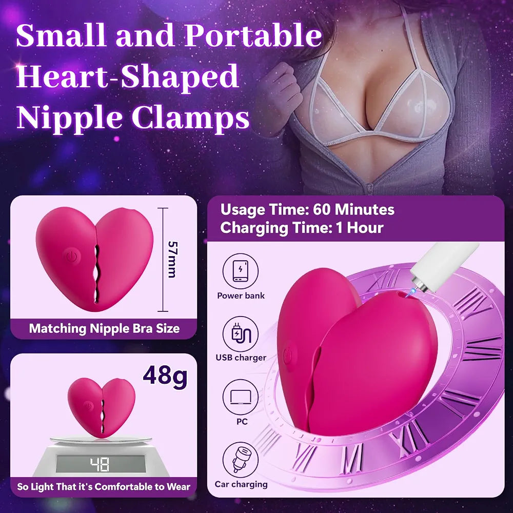 Heart-Shaped App-Controlled Nipple Vibrator and Clamps