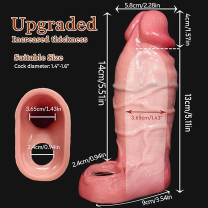 2.28'' Diameter Realistic Silicone Penis Sleeve and Cock Ring Enlarger - Reusable Adult Sex Toy for Men