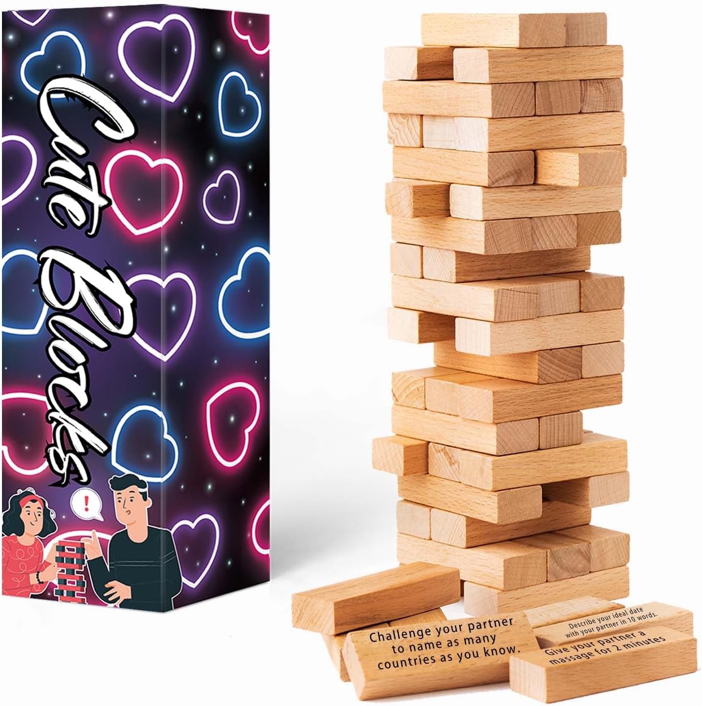 Adult Romantic Stacking Block Game: 54-Piece Flirty Date Night Tumbling Tower