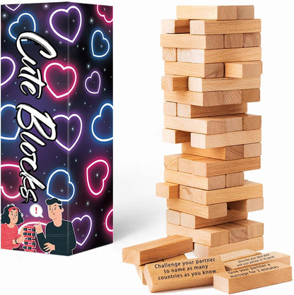 Adult Romantic Stacking Block Game: 54-Piece Flirty Date Night Tumbling Tower