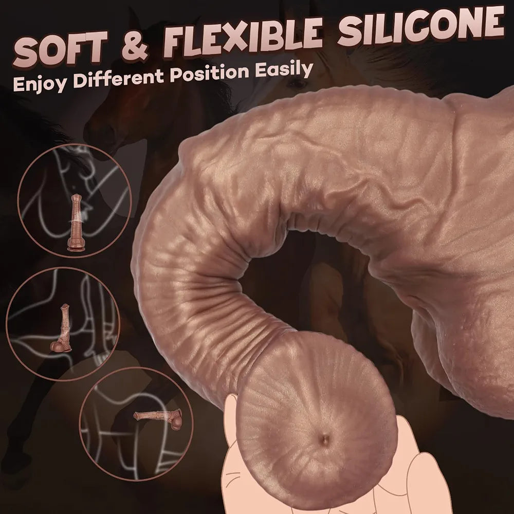 10-Inch Realistic Horse Dildo with Strong Suction Cup - Soft Silicone Girthy Animal-Style Toy for Anal Play