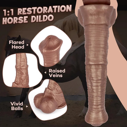 10-Inch Realistic Horse Dildo with Strong Suction Cup - Soft Silicone Girthy Animal-Style Toy for Anal Play