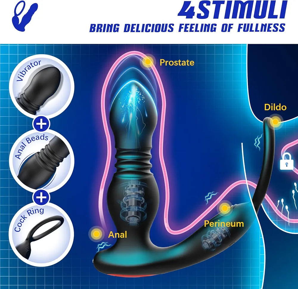 Advanced Remote-Controlled Prostate Massager with Thrusting Vibration and Cock Ring