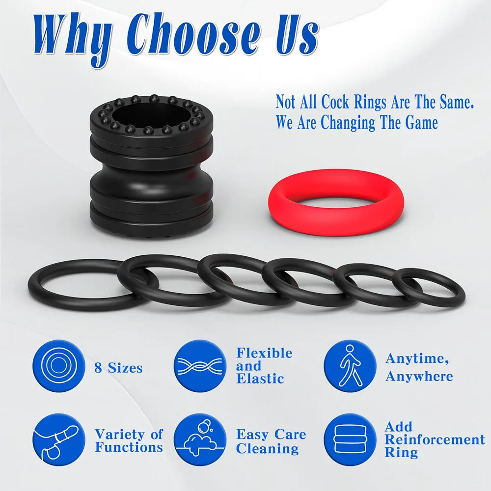 8-Piece Silicone Penis Ring and Sleeve Set for Enhanced Erection and Performance