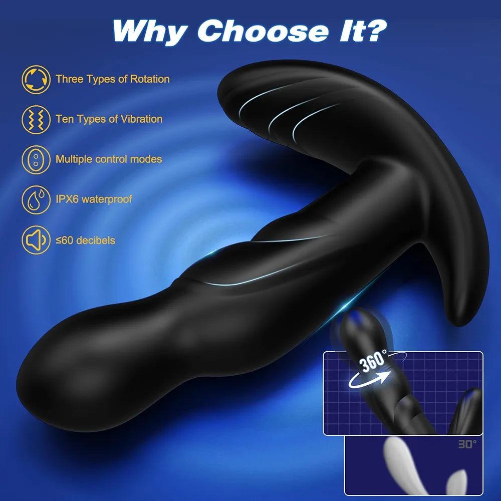 Premium 360-Degree Rotating Anal Massager with Remote, 10 Vibration Modes, Waterproof Silicone Butt Plug for Men and Women