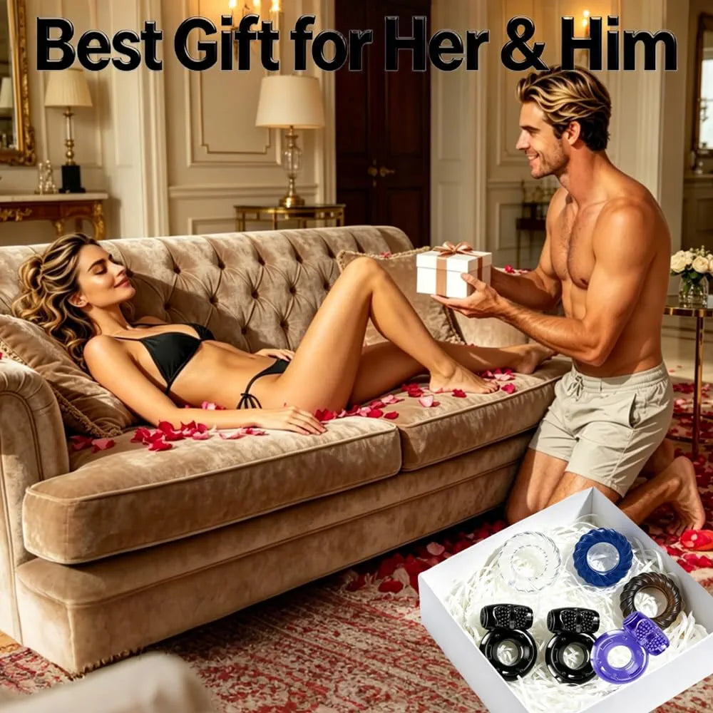 6-Piece Waterproof Silicone Vibrating Penis Ring Set for Couples Intimate Stimulation