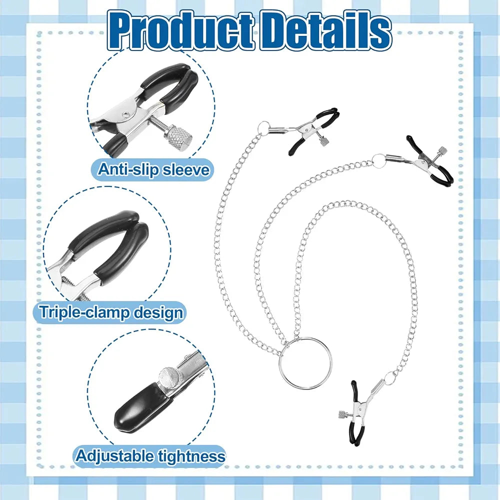 Adjustable Y-Shaped Nipple and Clitoral Stimulation Clamps for Couples