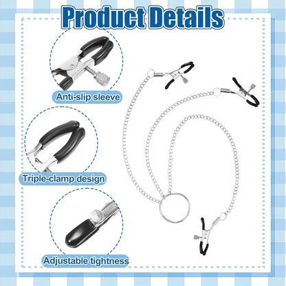 Adjustable Y-Shaped Nipple and Clitoral Stimulation Clamps for Couples