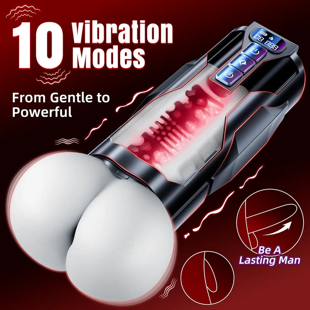 BootyPop Automatic Male Masturbator with 360° Heating, 10 Vibration & 7 Thrusting Modes, Realistic Dual-Channel Stroker with LCD Display