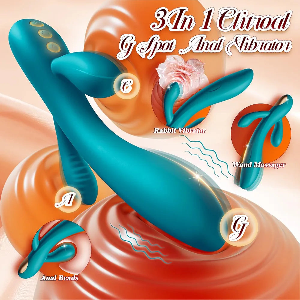 Premium 3-in-1 Silicone Rabbit Vibrator with 10 Vibration Modes for Clitoral and G-Spot Stimulation