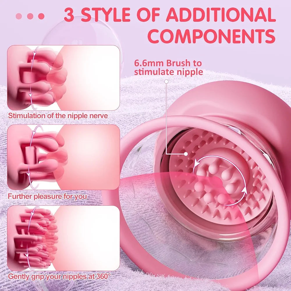 Rose-Shaped Rechargeable Nipple Sucking Vibrator with 10 Rotation Modes and 3 Interchangeable Heads