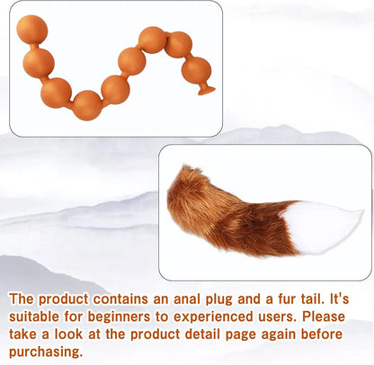 Black Silicone Anal Bead Chain with Detachable Fox Tail Plug for Prostate and G-Spot Stimulation