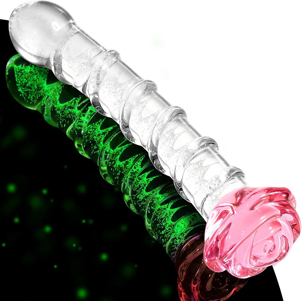 8-Inch Curved Ribbed Borosilicate Glass Dildo with Glow-in-the-Dark Wand for Women and Couples