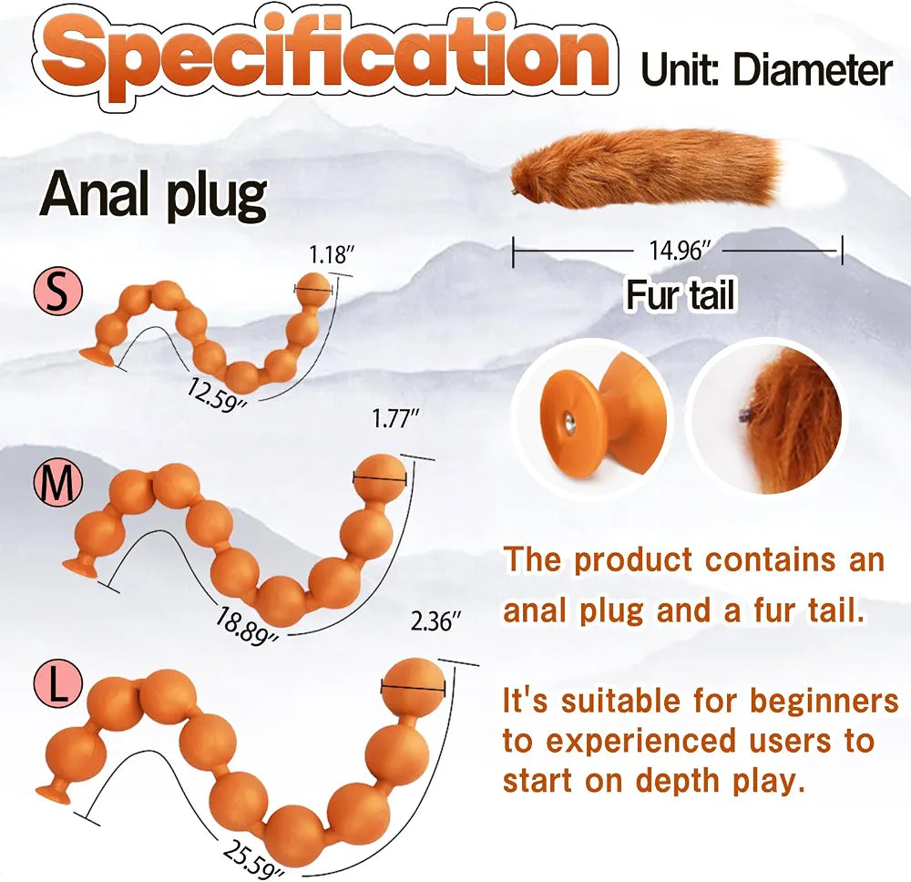 Black Silicone Anal Bead Chain with Detachable Fox Tail Plug for Prostate and G-Spot Stimulation