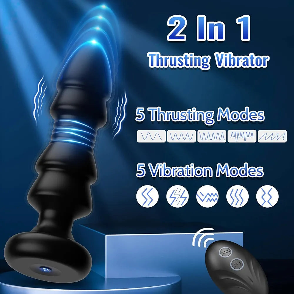 Remote-Controlled Vibrating and Thrusting Prostate Massager and Anal Butt Plug with Beads