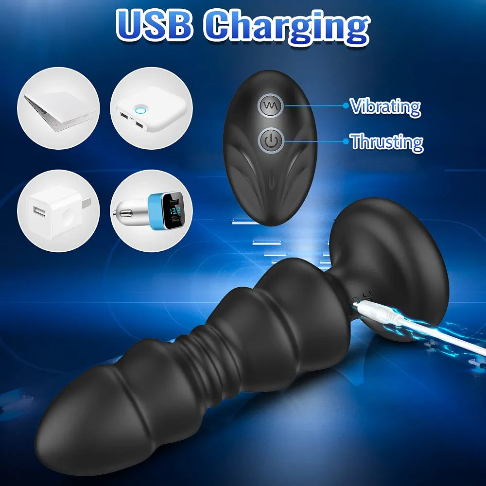 Remote-Controlled Vibrating and Thrusting Prostate Massager and Anal Butt Plug with Beads
