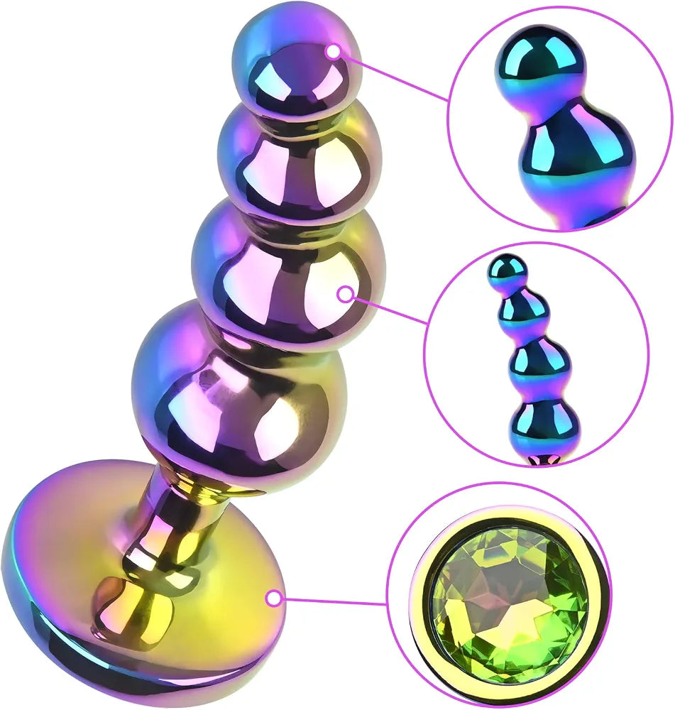 Premium Graduated Metal Anal Bead Plug with Jeweled Base and Curved Design