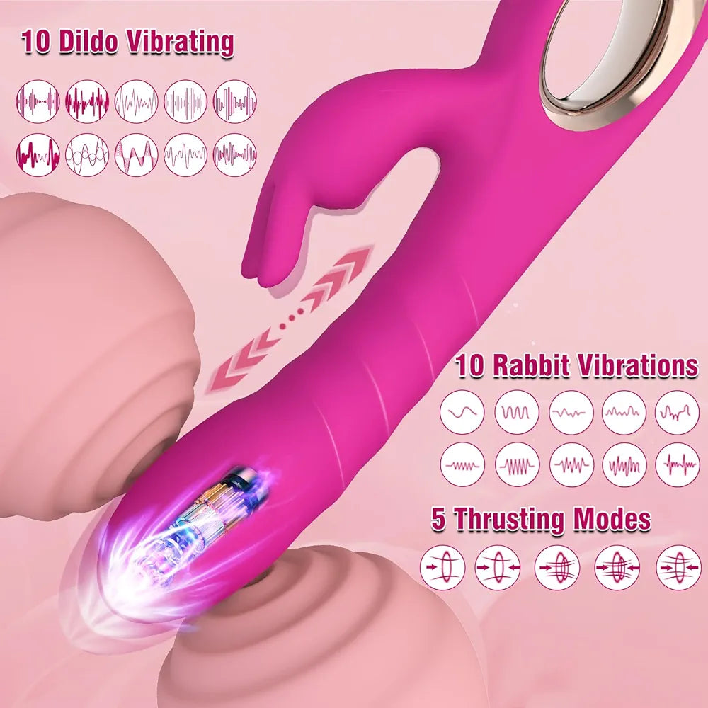 SeYouYou 3-in-1 Rabbit Thrusting Dildo Vibrator with 5 Thrusting and 10 Vibration Modes for G-Spot Stimulation