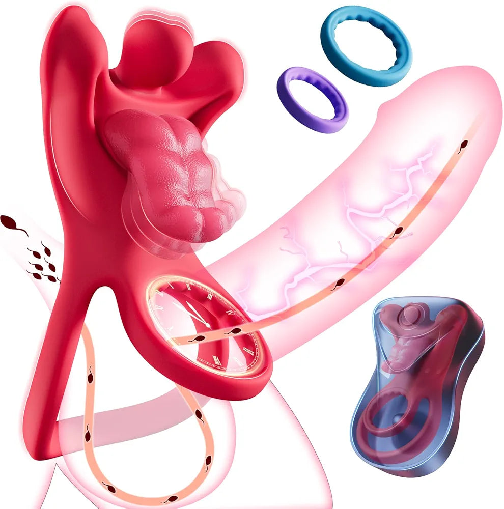 9-Mode Vibrating Tongue-Shape Cock Ring Set with 3 Penis Rings and Storage Case