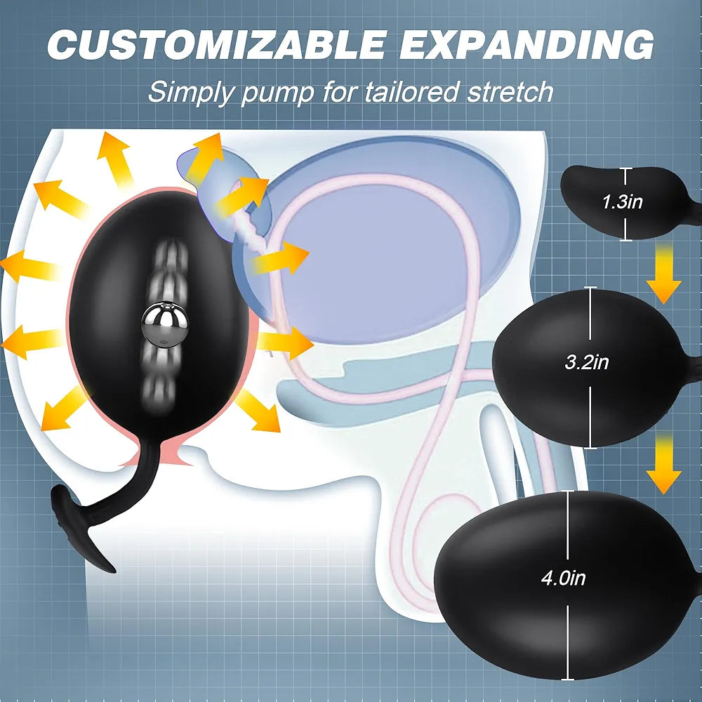 AMPLPUMP Large Magnetic Inflatable Silicone Anal Plug with Rolling Steel Ball - Wearable Anal Trainer and Stretcher for Men and Women