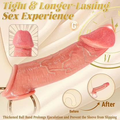 Penis Sleeve with 2.3'' Diameter Huge Realistic Glans, Reusable 8.5'' Silicone Cock Sleeve Sex Toys for Men, Delay Ejaculation Penis Extender with Thickened Testicle Ring, Couples Male Sex Toys