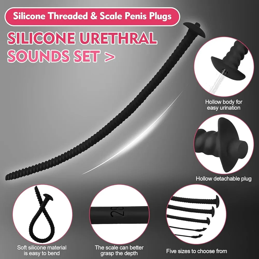 5-Piece Silicone Urethral Sound and Penis Plug Training Set - Waterproof Dual-Shaped Dilators