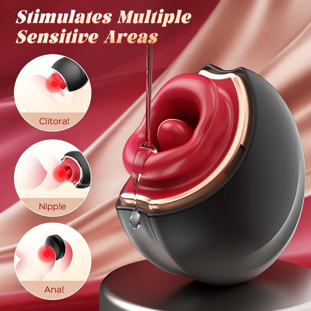 3-in-1 Rose Clitoral and Nipple Stimulator with 20 Vibration and Licking Modes