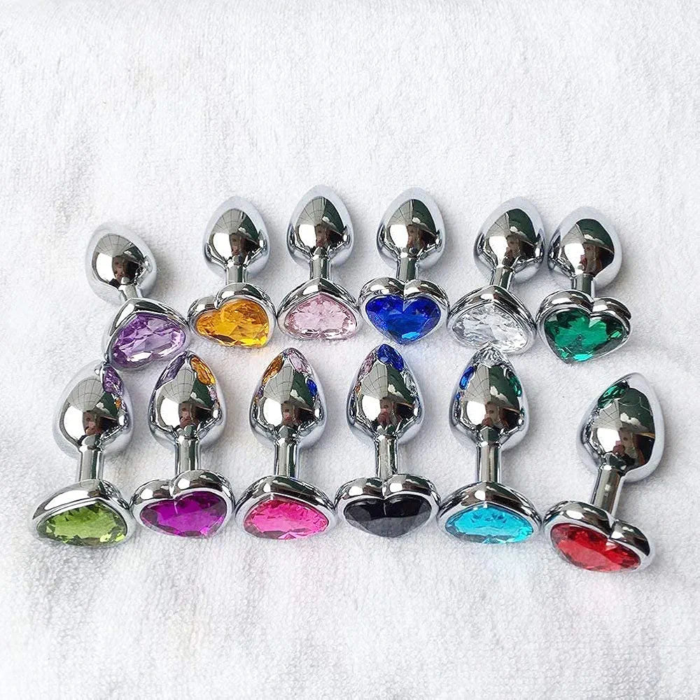 3-Piece Metal Anal Plug Training Kit with Heart-Shaped Jewelry Base - Beginner-Friendly Adult Sex Toy Set (Large, Medium, Small)