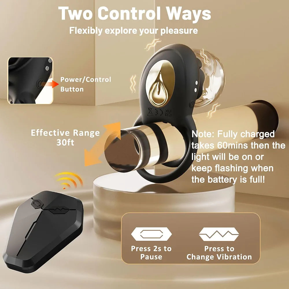 Remote-Controlled Silicone Vibrating Penis Ring with Clitoral Stimulator for Couples