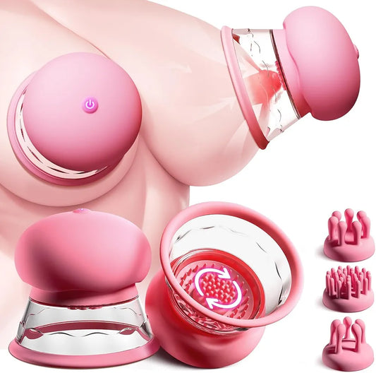 Rose-Shaped Rechargeable Nipple Sucking Vibrator with 10 Rotation Modes and 3 Interchangeable Heads