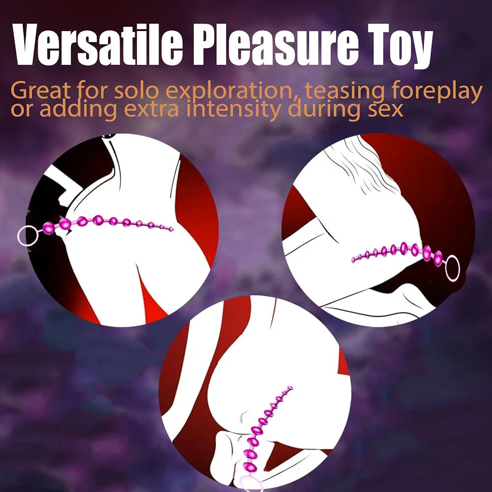 12-Inch Flexible Beaded Anal Toy with Finger Loop – Waterproof Prostate Massager for Men & Women, Gradual Size for Comfortable Insertion